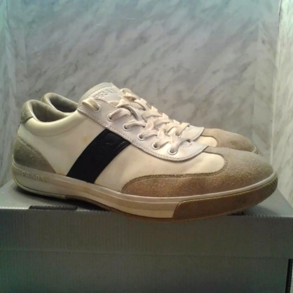 PRADA MEN'S SHOES LEATHER SNEAKERS WHITE BLACK 4E1634 SIZE 9